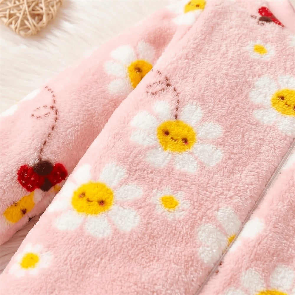 Grace Ladybug Floral Printed Fuzzy Baby Girl Jumpsuit