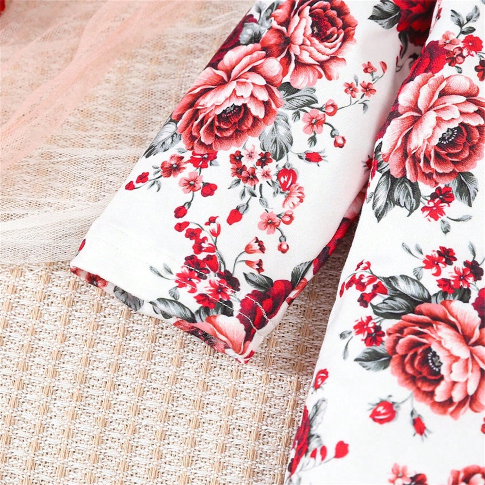 2PCS Allover Floral Print Long Sleeve Baby Jumpsuit