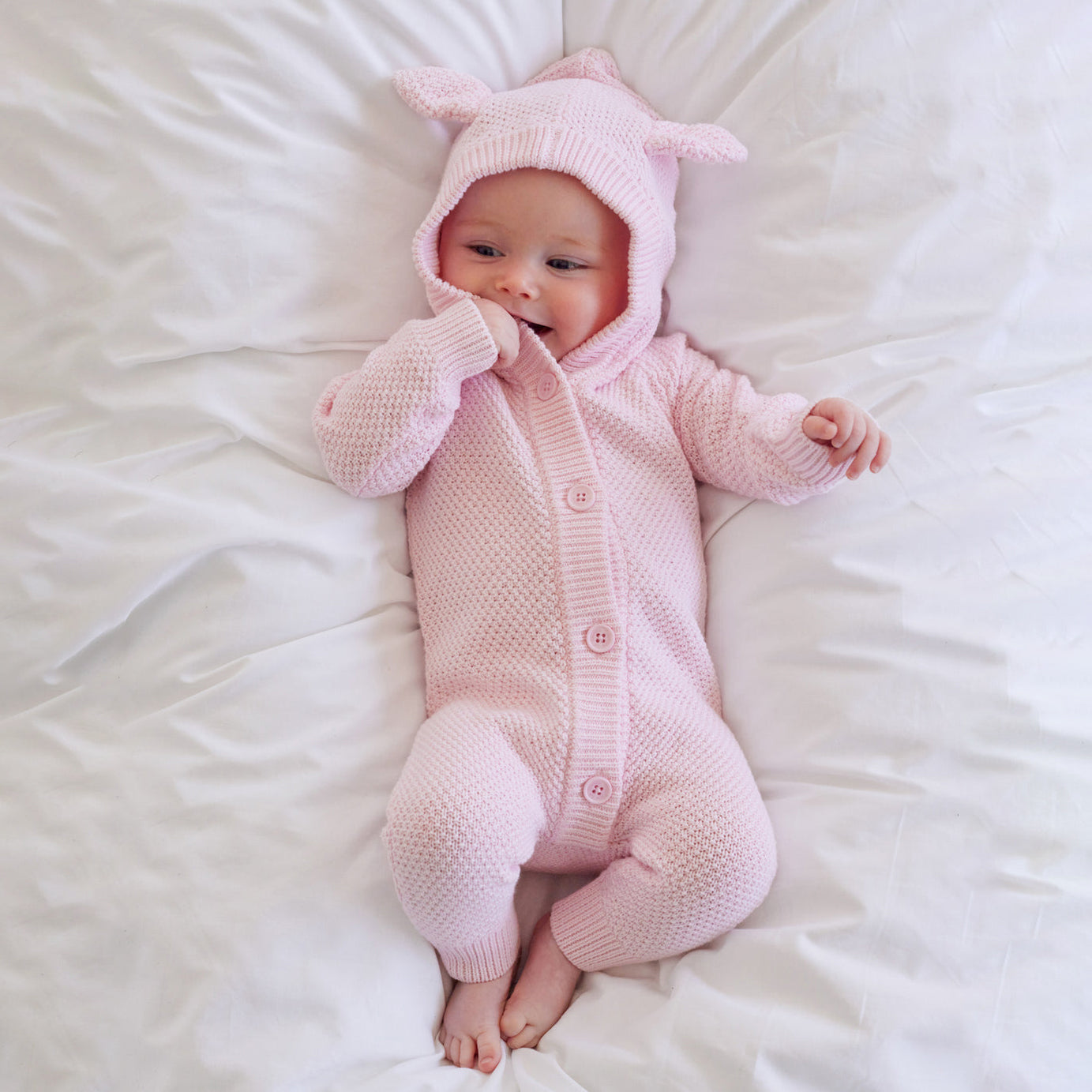Cute Solid Color Knit 3D Ear Hooded Baby Jumpsuit