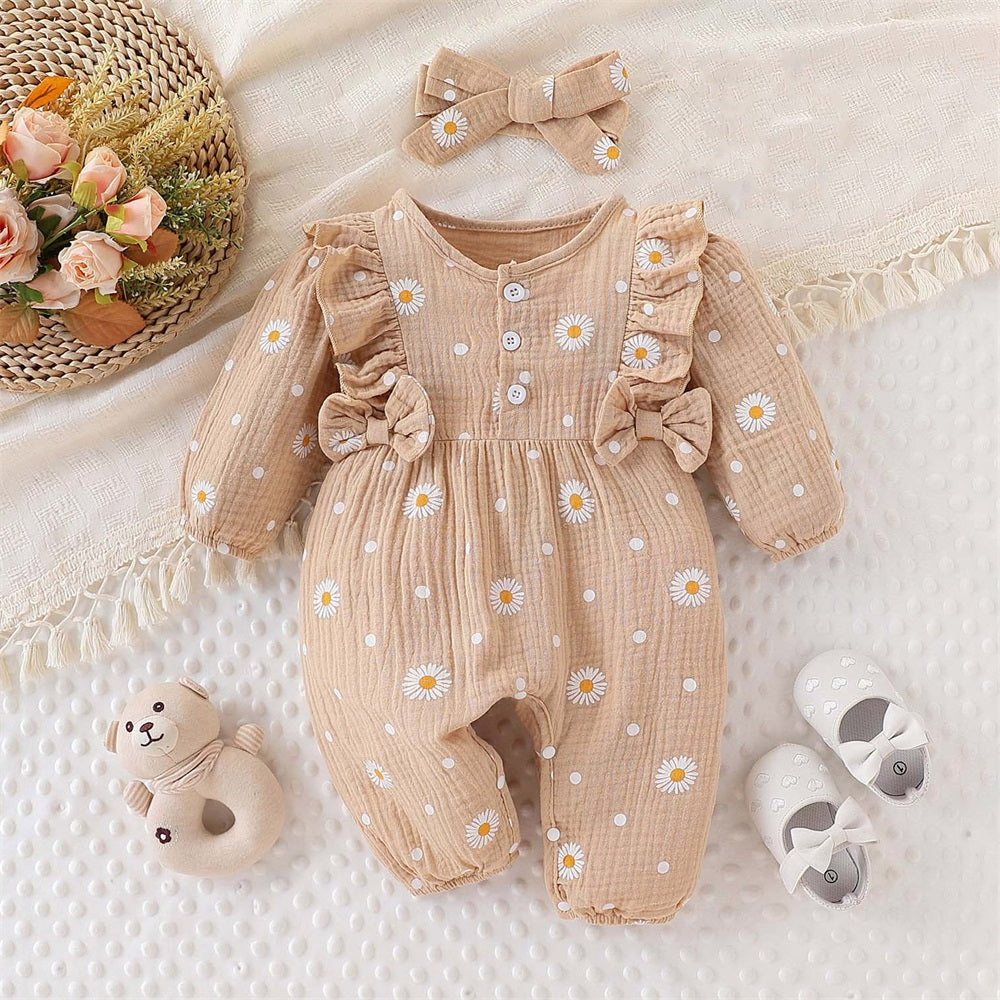 2PCS Daisy Print Ruffle Shoulder Long Sleeve Baby Jumpsuit