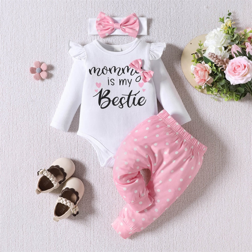 3PCS Mommy Is My Bestie Letter Polka Dot Print Baby Set