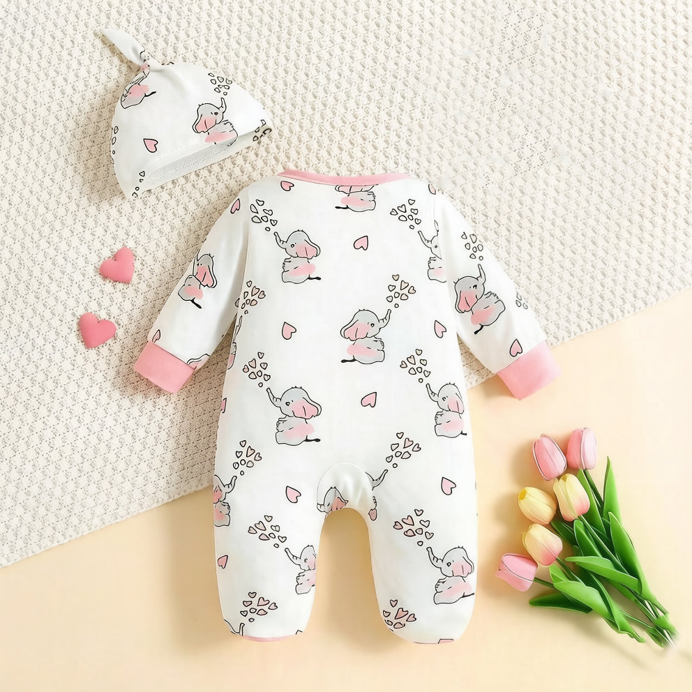 2PCS Cute Elephant Print Long Sleeve Baby Jumpsuit
