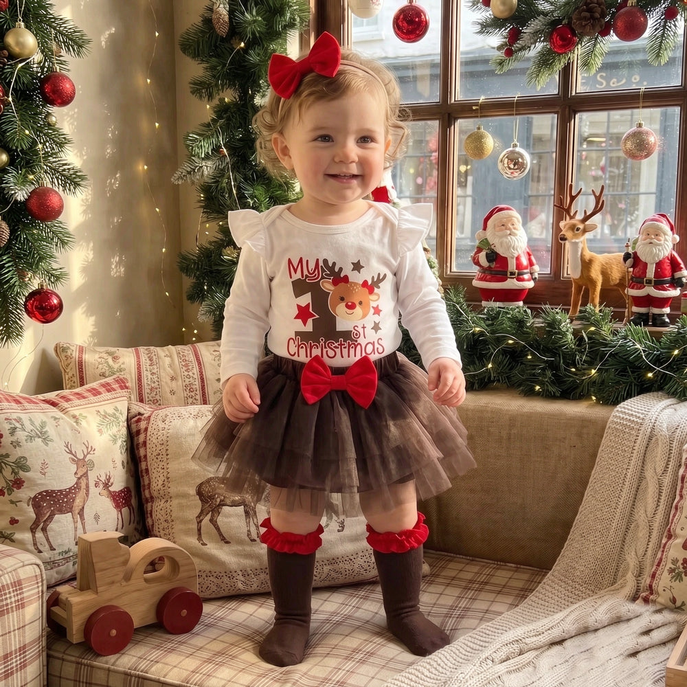 4PCS Sweet My 1st Christmas Letter Elk Print Baby Girl Set