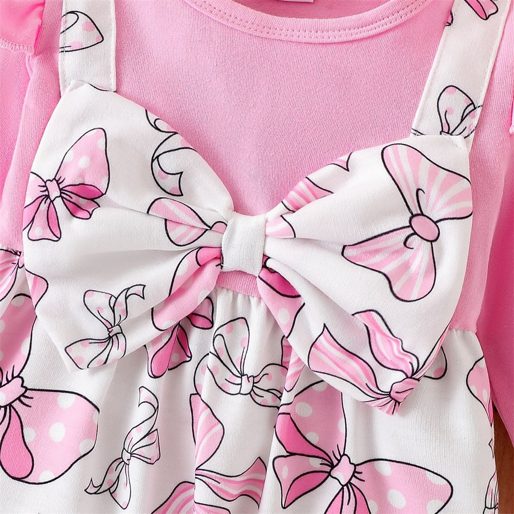 2PCS Playful Bow Printed Long Sleeve Baby Girl Jumpsuit
