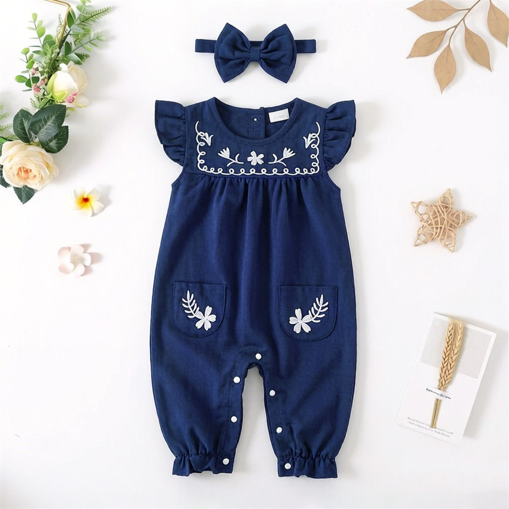 2PCS Stylish Floral Embroidery Flounce Sleeve Baby Jumpsuit