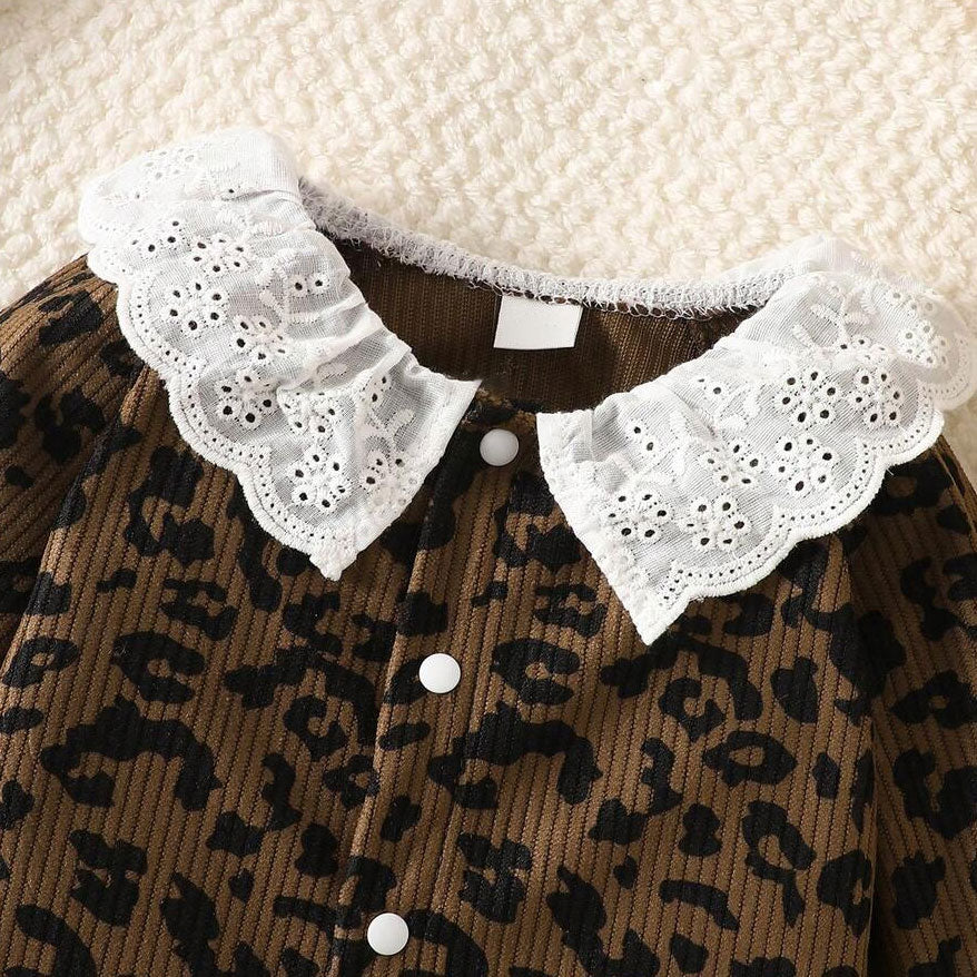 Refined Leopard Print Lace Long Sleeve Baby Girl Jumpsuit