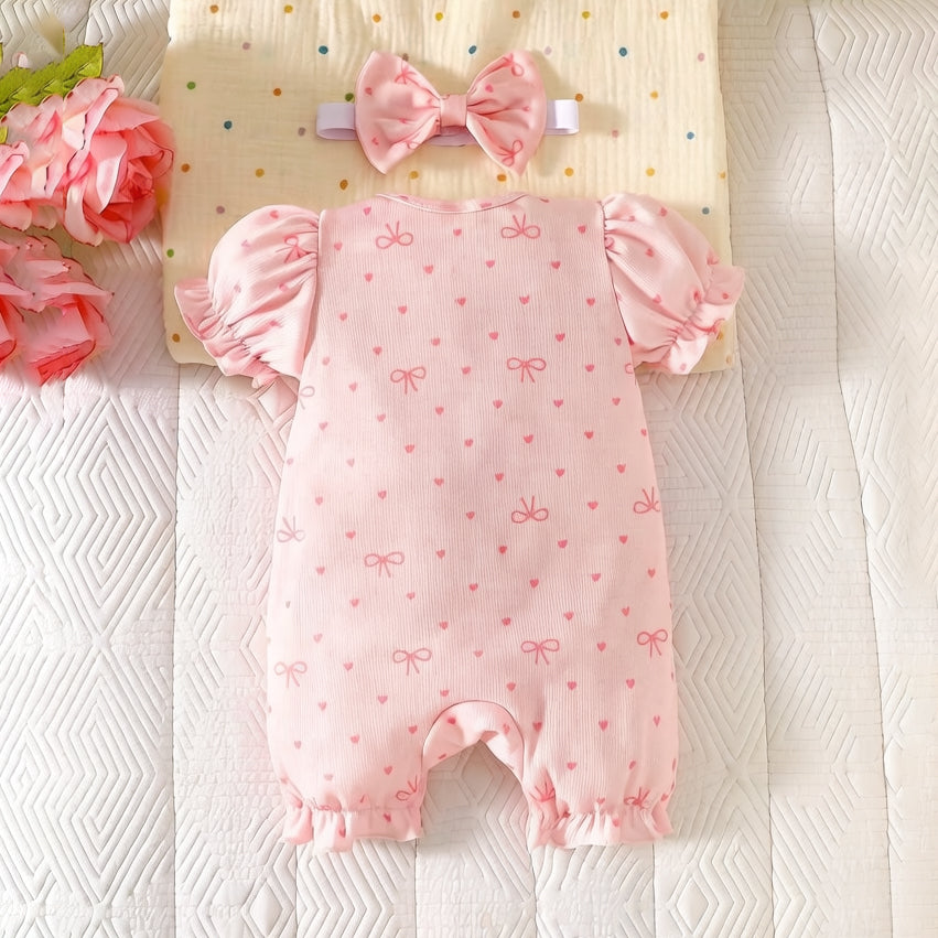 2PCS Charming Bow Printed Short Sleeve Baby Jumpsuit