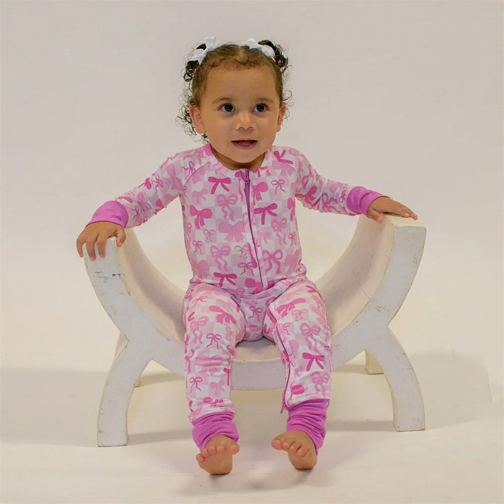 2PCS Comfy Allover Bow Print Long Sleeve Baby Jumpsuit