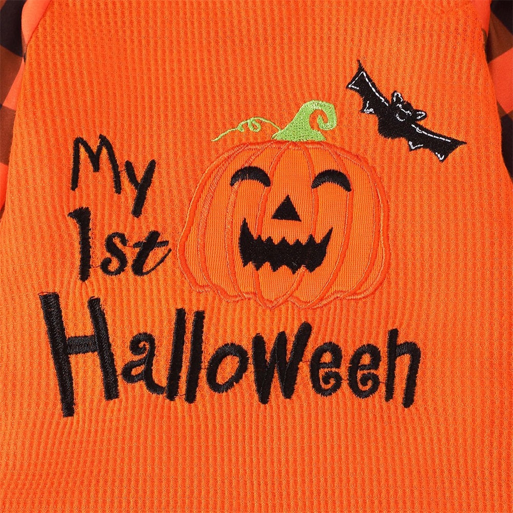 2PCS My 1st Halloween Letter Embroidery Pumpkin Plaid Print Baby Jumpsuit