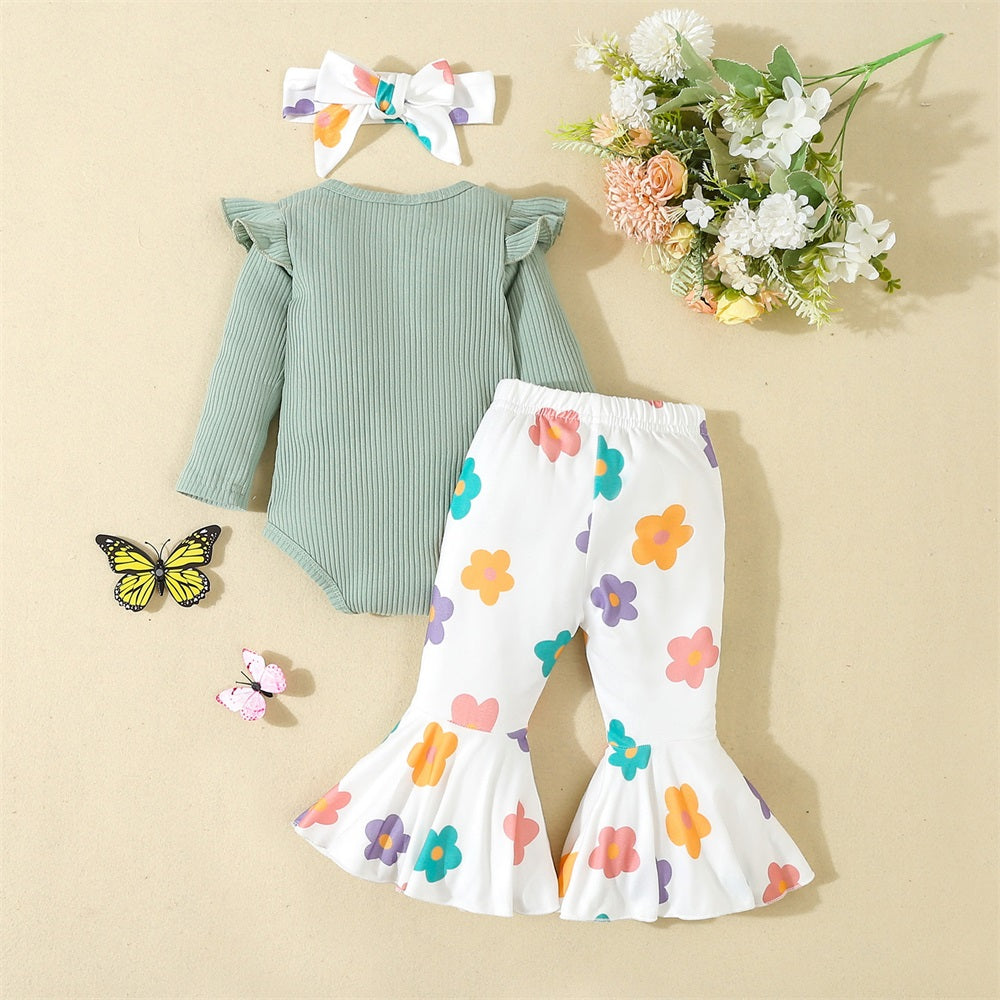 3PCS Casual Cute Floral Print Long Sleeve Baby Set