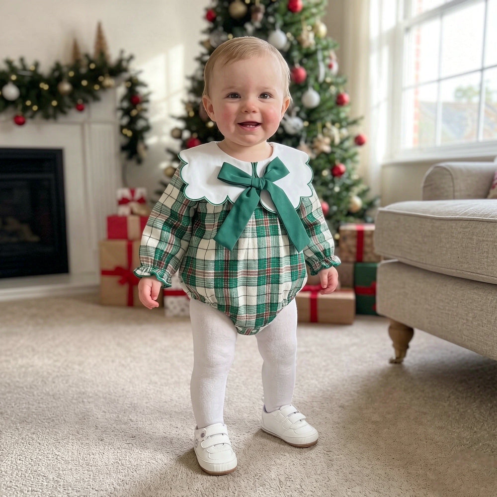 Lovely Plaid Printed Bow Long Sleeve Baby Christmas Romper