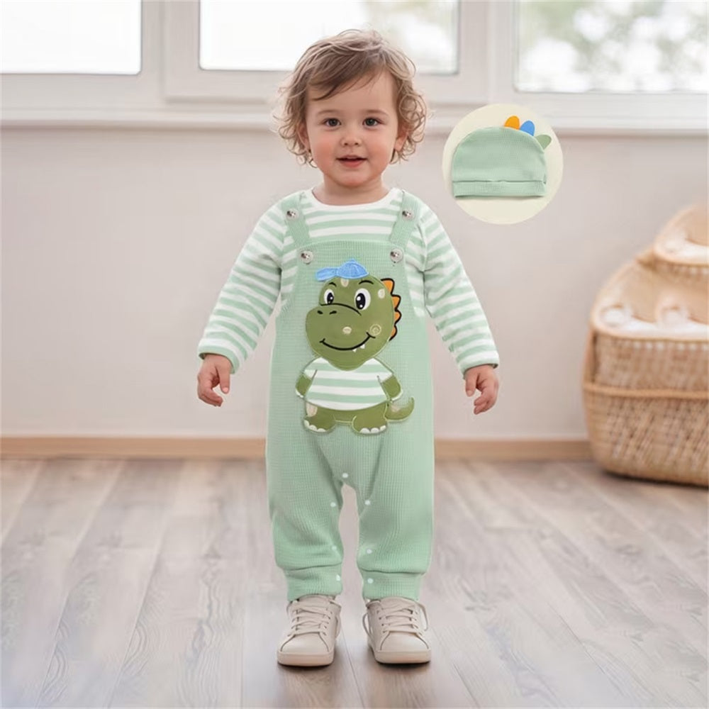 3PCS Casual Dinosaur Print Striped Long Sleeve Baby Overalls Set