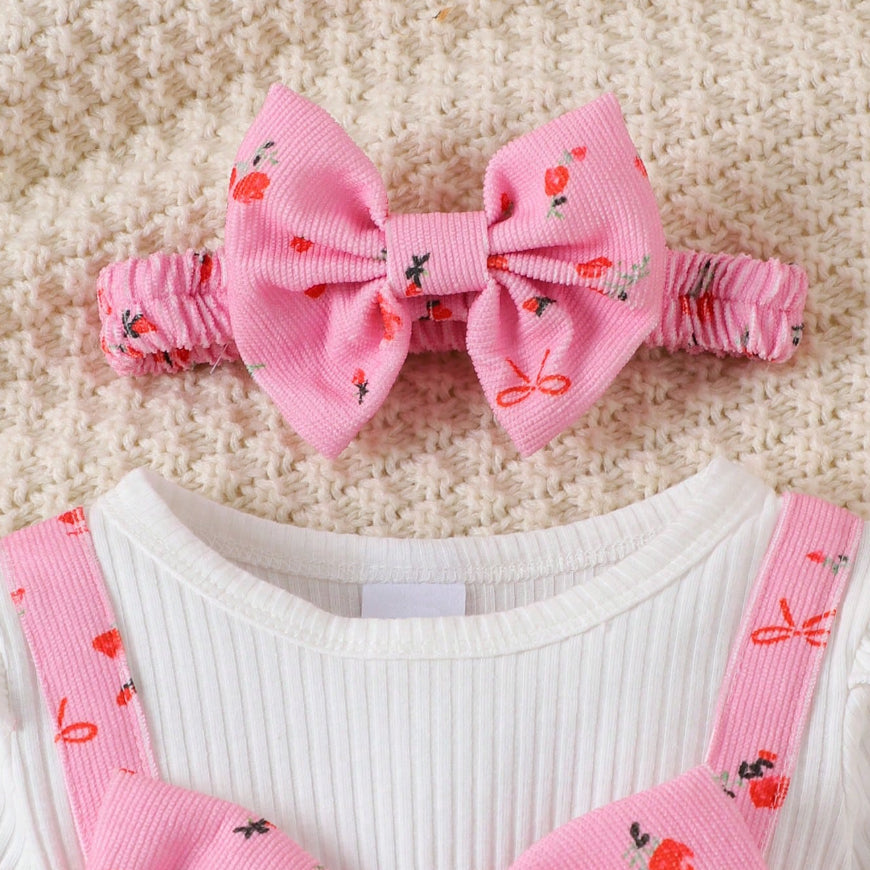 2PCS Lovely Floral Bow Printed Ruffle Baby Jumpsuit