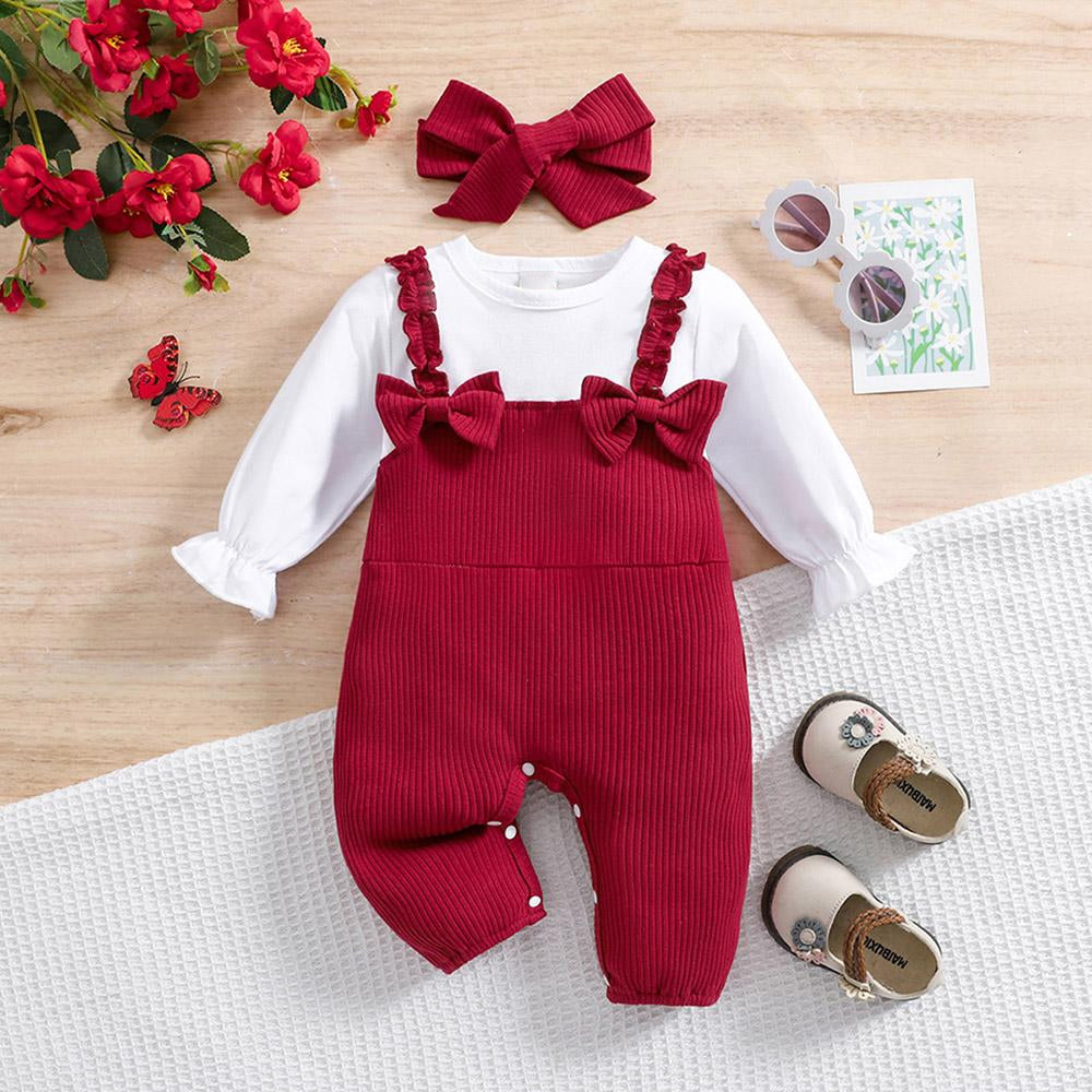 2PCS Stylish Solid Color Bow Long Sleeve Baby Jumpsuit