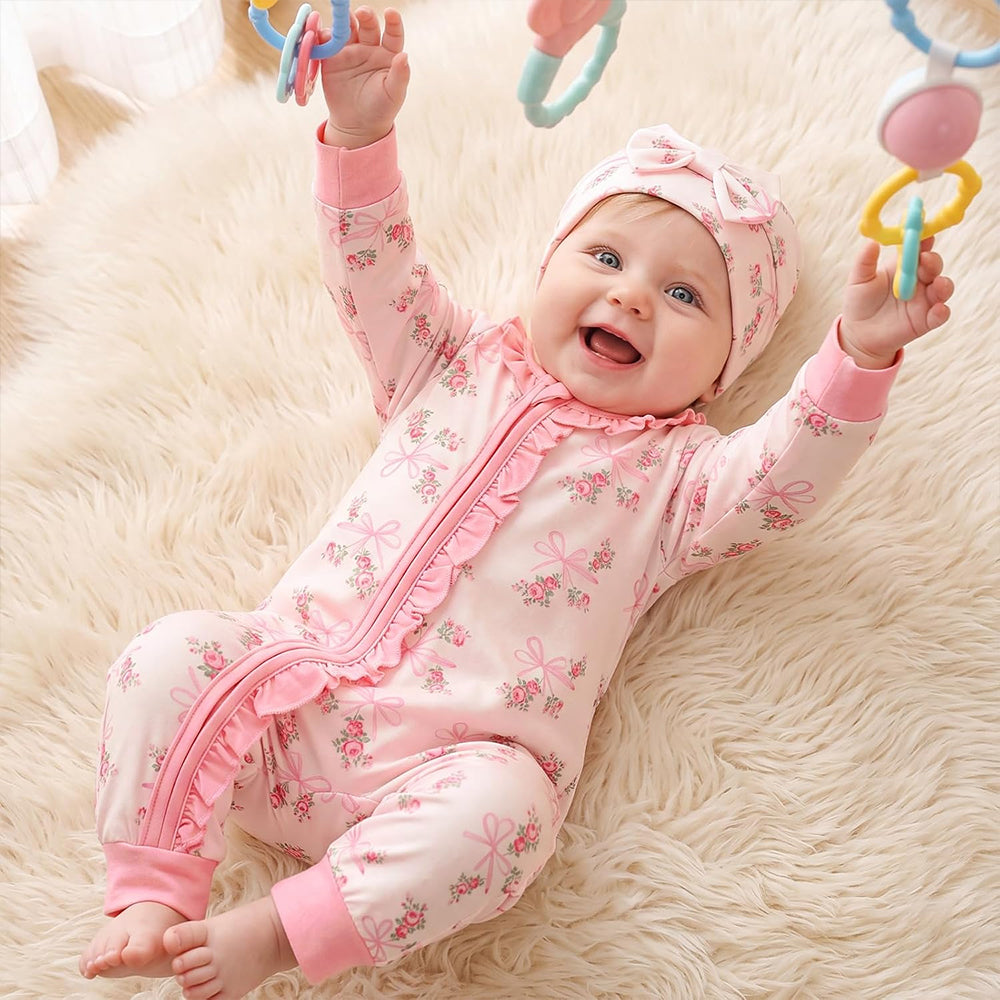 3PCS Delightful Bow Floral Printed Ruffle Zipper Long Sleeve Baby Jumpsuit