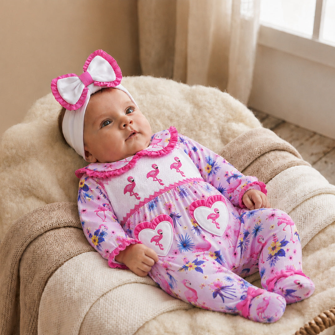 2PCS Elegant Flamingo Print Long Sleeve Baby Jumpsuit