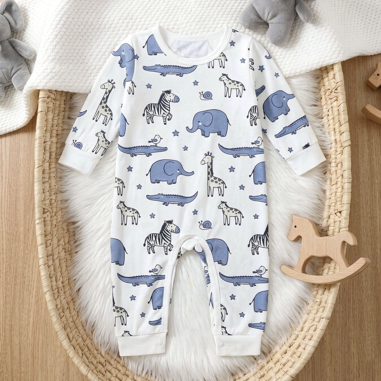Casual Animal & Stars Printed Long Sleeve Baby Jumpsuit