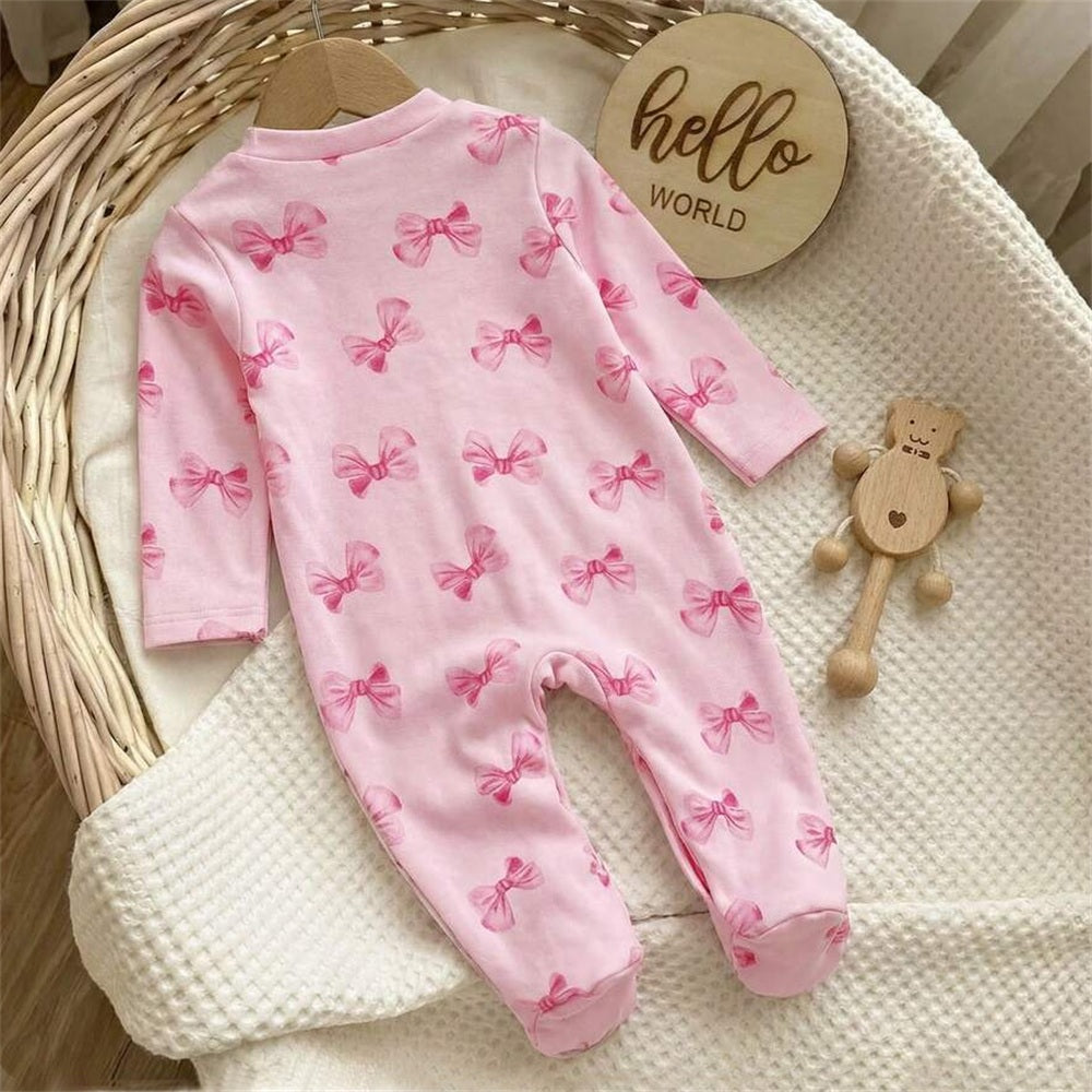 2PCS Quirky Bow Print Long Sleeve Zipper Baby Girl Jumpsuit