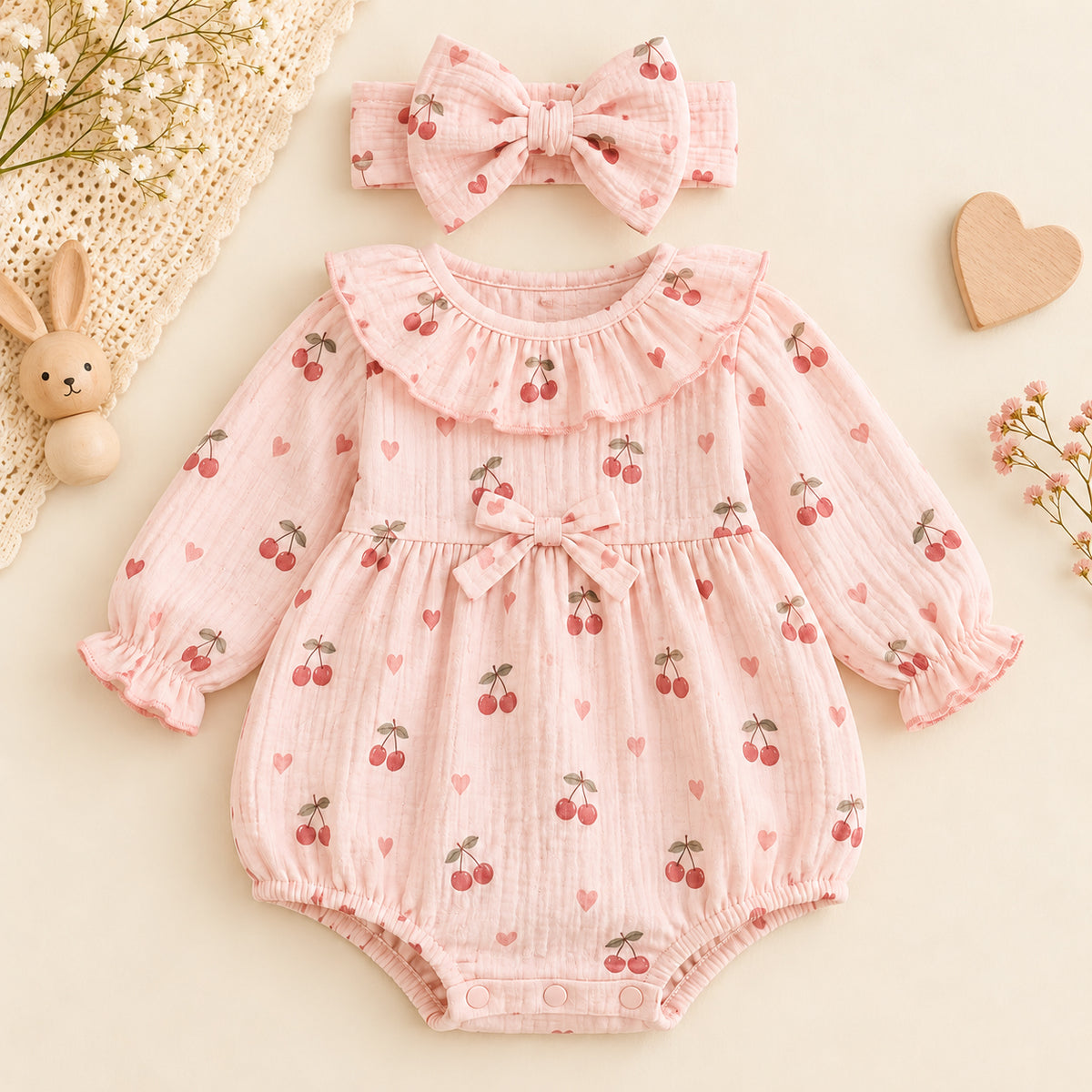 2PCS Sweet Baby Girl Cherry Heart Print Long Sleeve Romper