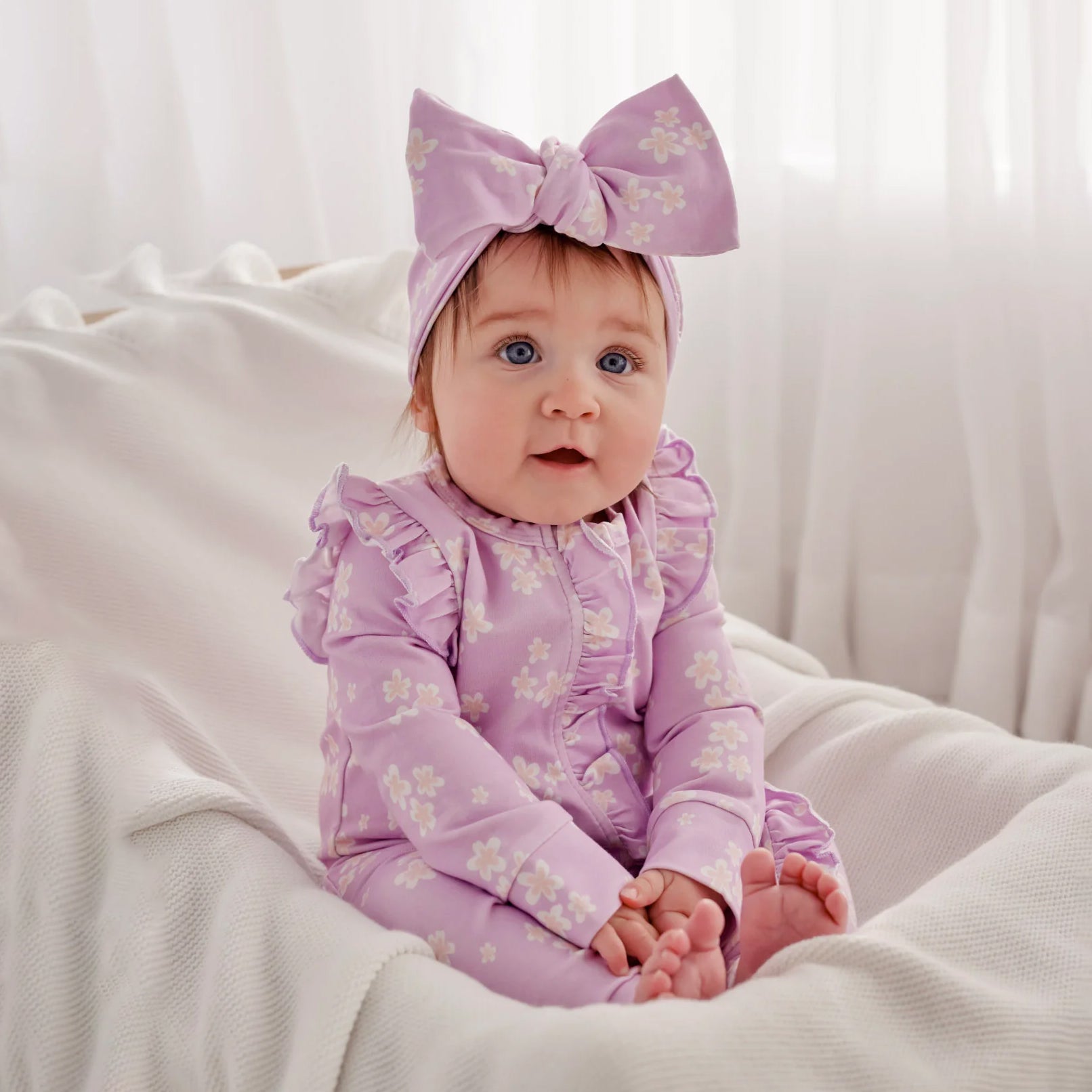 2PCS Grace Floral Printed Ruffle Zipper Baby Jumpsuit