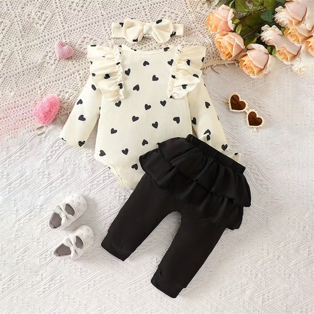 3PCS Comfy Cute Heart Printed Long Sleeve Baby Set