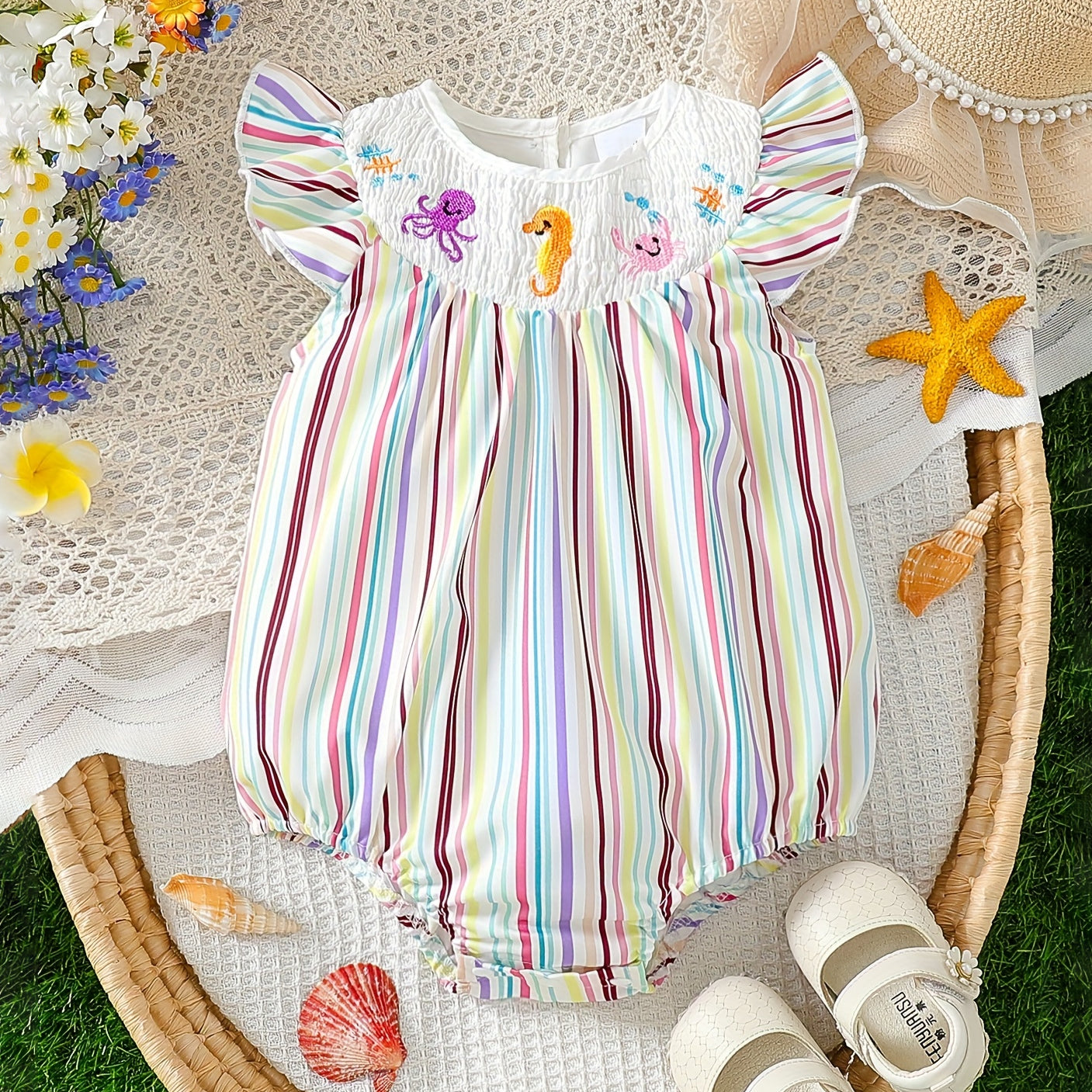Sea Animals Embroidery Stripe Print Baby Romper