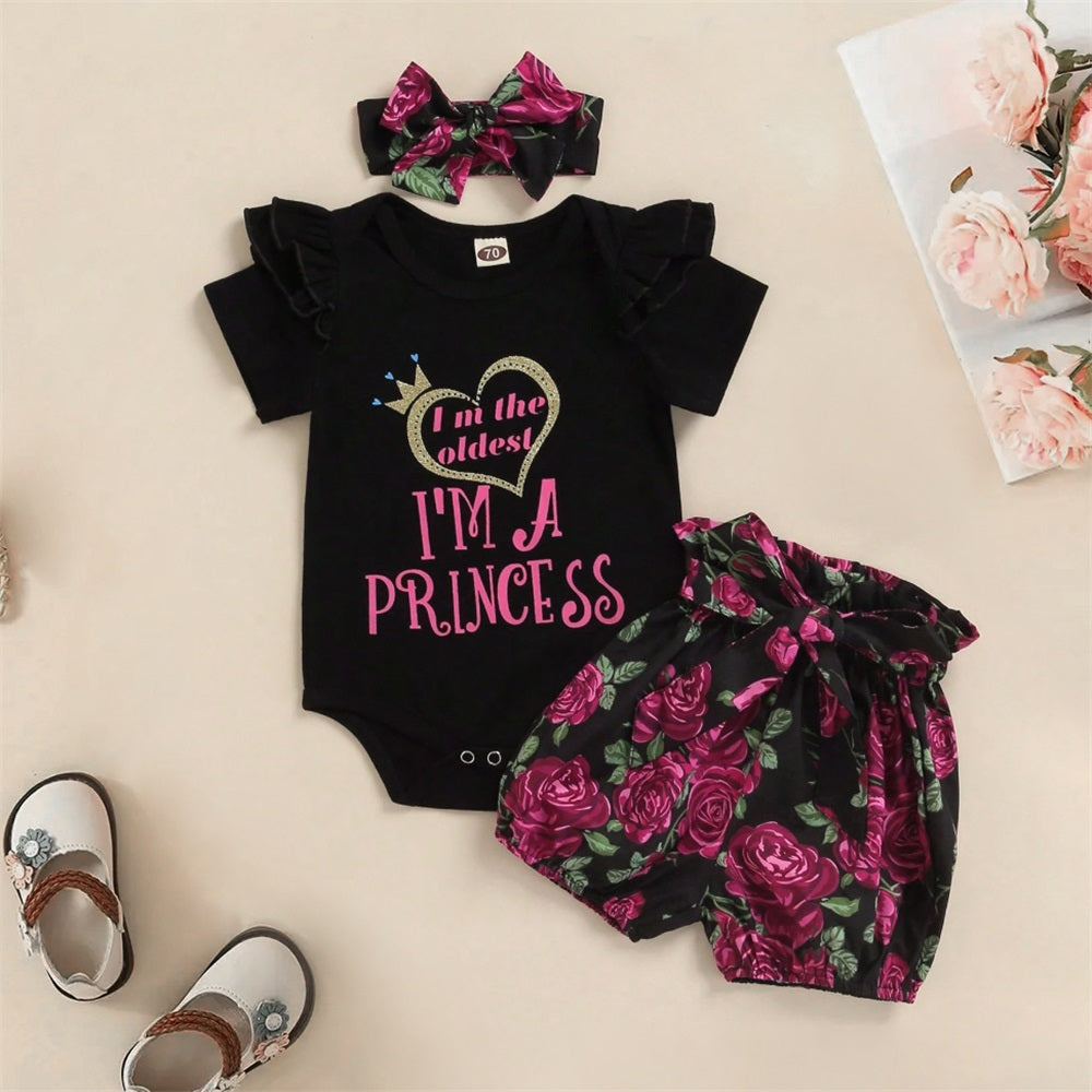 3PCS I'm A Princess Letter Floral Printed Short Sleeve Baby Set