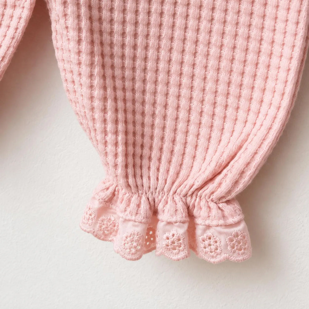 2PCS Sweet Solid Color Waffle Long Sleeve Baby Girl Jumpsuit