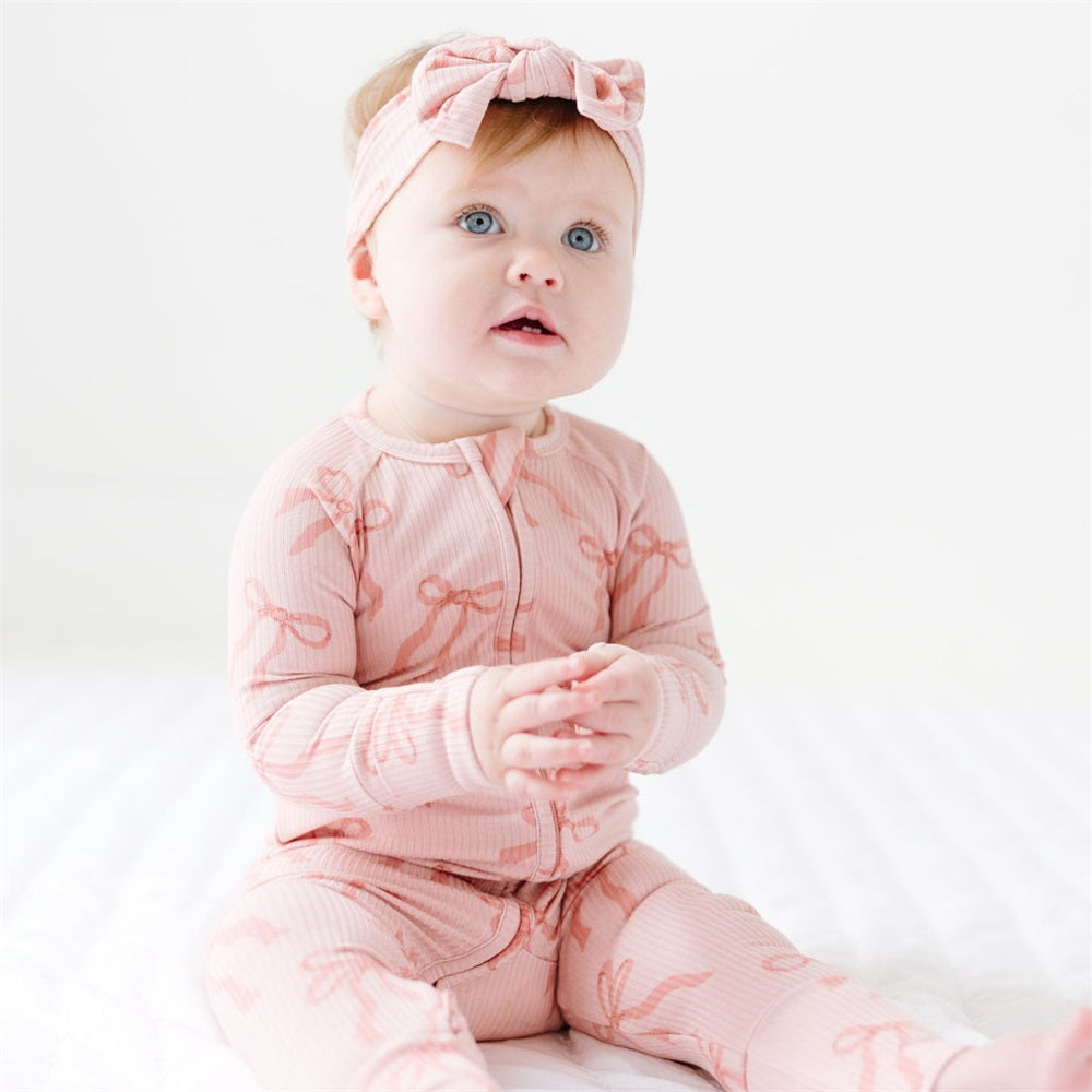 2PCS Bow Print Ribbed Zip Long Sleeve Baby Jumpsuit