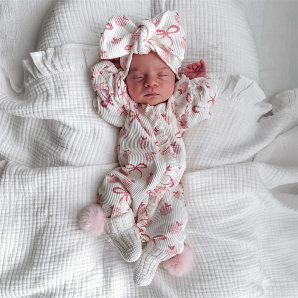 Strawberry and Bow Print Ruffle Long Sleeve Baby Jumpsuit