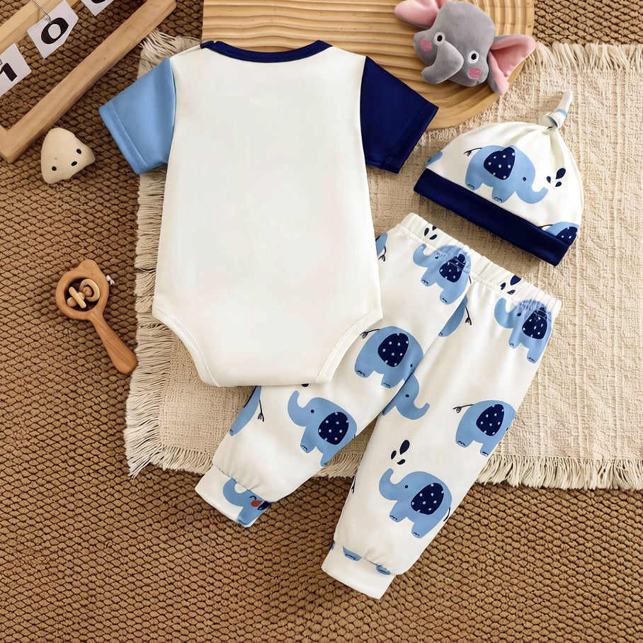 3PCS Comfy Elephant Print Short Sleeve Baby Set