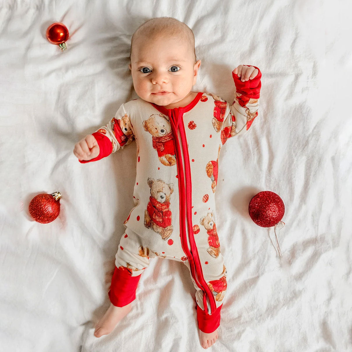 Cute Christmas Bear Printed Zipper Long Sleeve Baby Jumpsuit