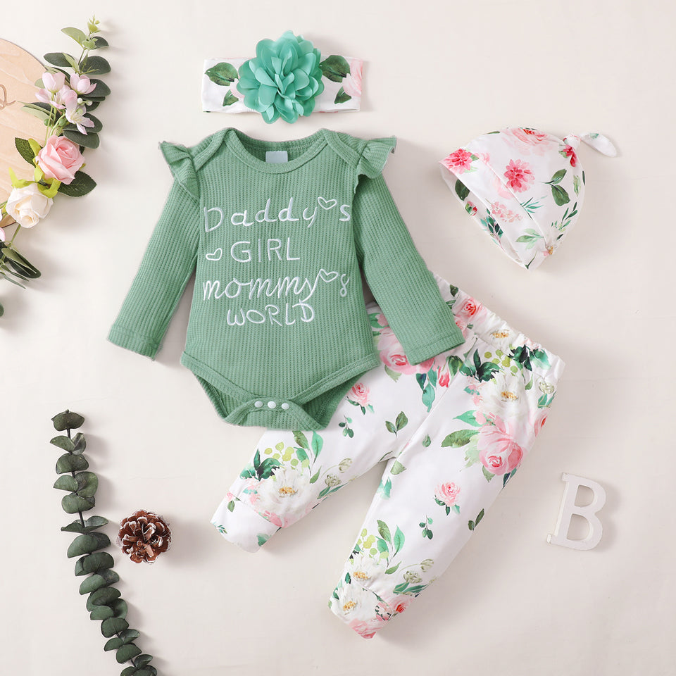 4PCS Daddy's Girl Mommy‘s World Letter Floral Print Baby Set