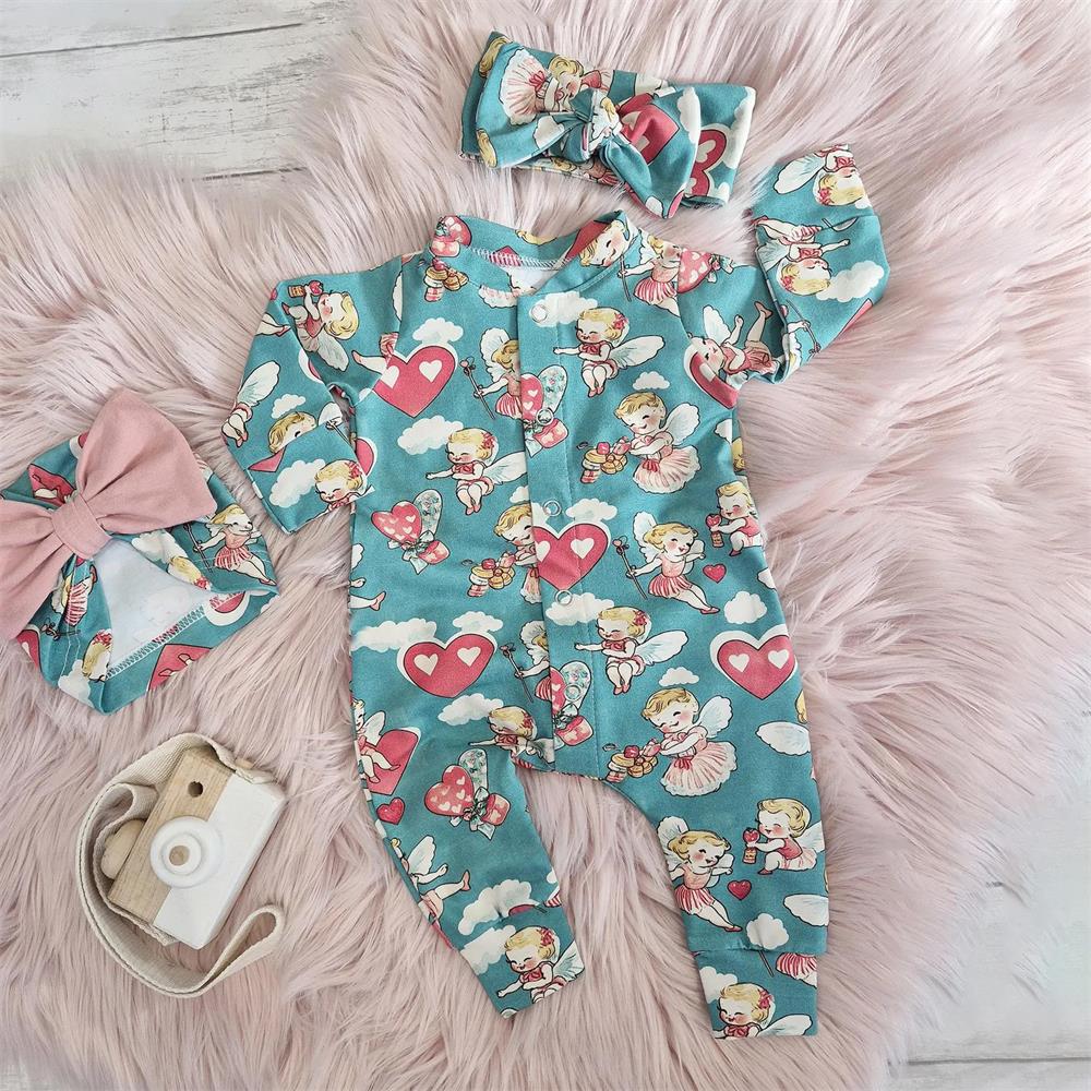 2PCS Angel Love Print Long Sleeve Zipper Baby Jumpsuit