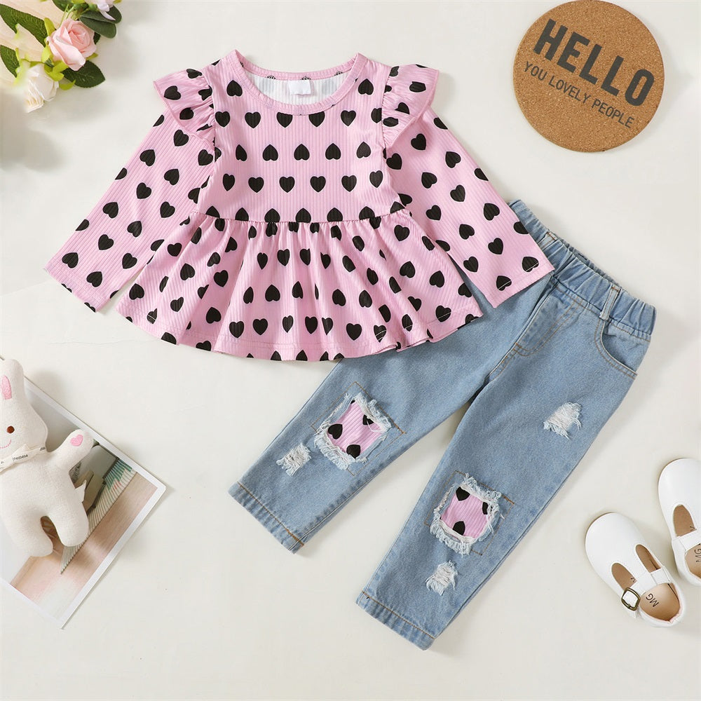 2PCS Heart Print Long Sleeve Top Jeans Pants Baby Set