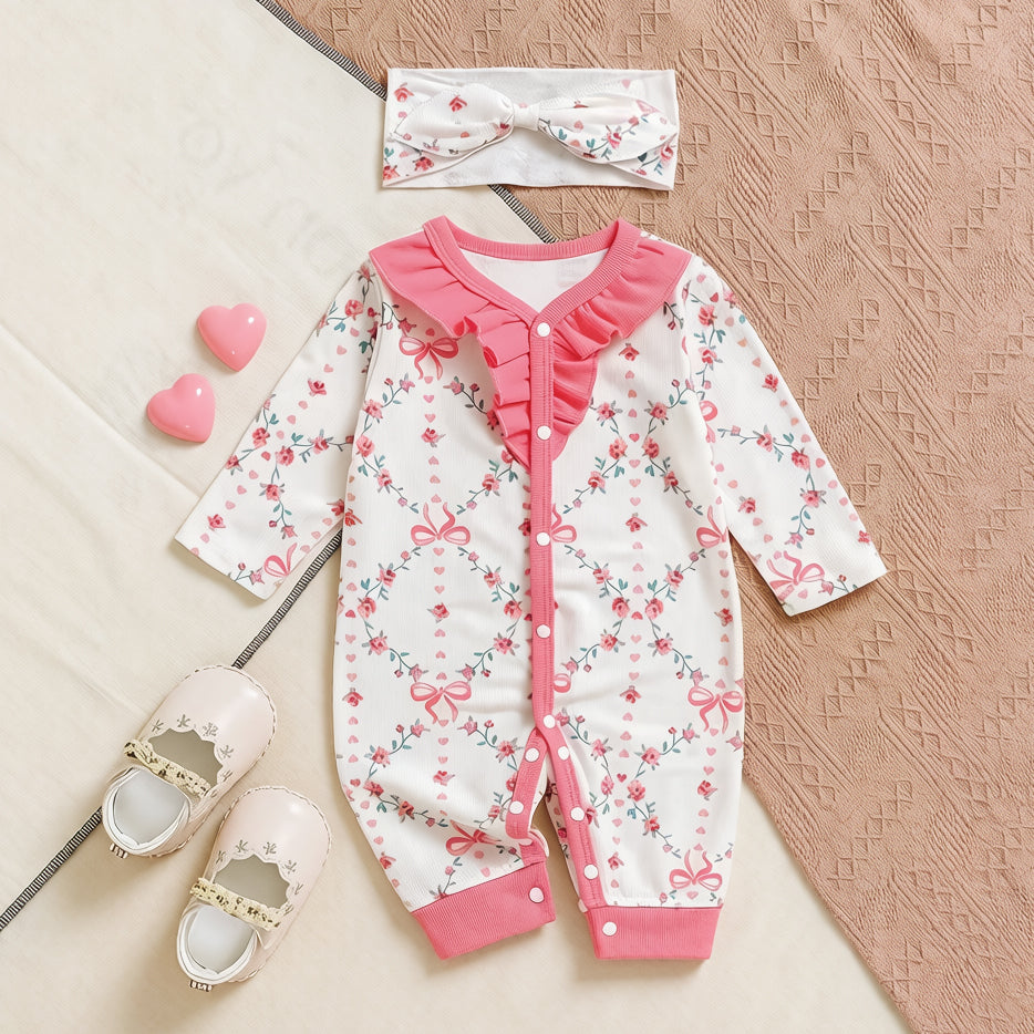 2PCS Delightful Floral Bow Print Ruffle Baby Jumpsuit