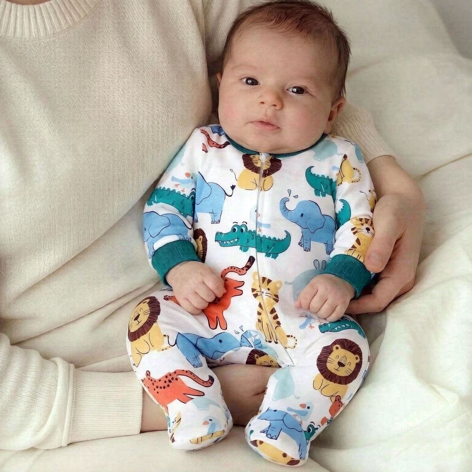 Cute Animal Print Long Sleeve Zipper Baby Jumpsuit