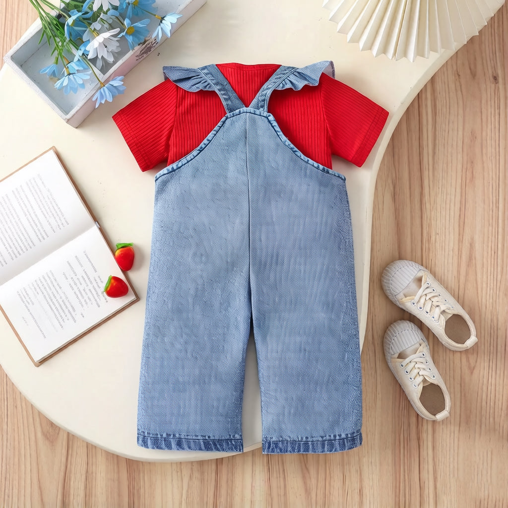 2PCS Cute Strawberry Print Denim Short Sleeve Overalls Baby Set