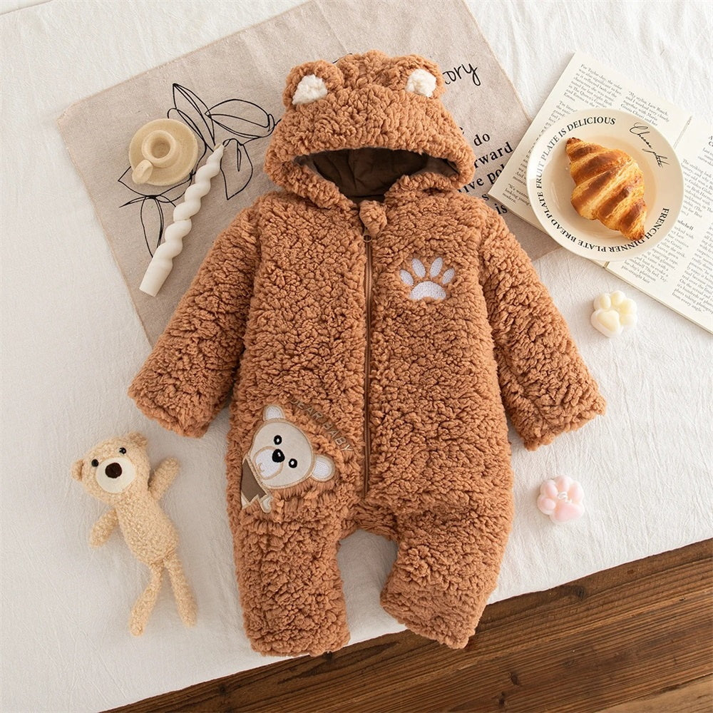 Adorable Bear Print Hooded Long Sleeve Baby Jumpsuit