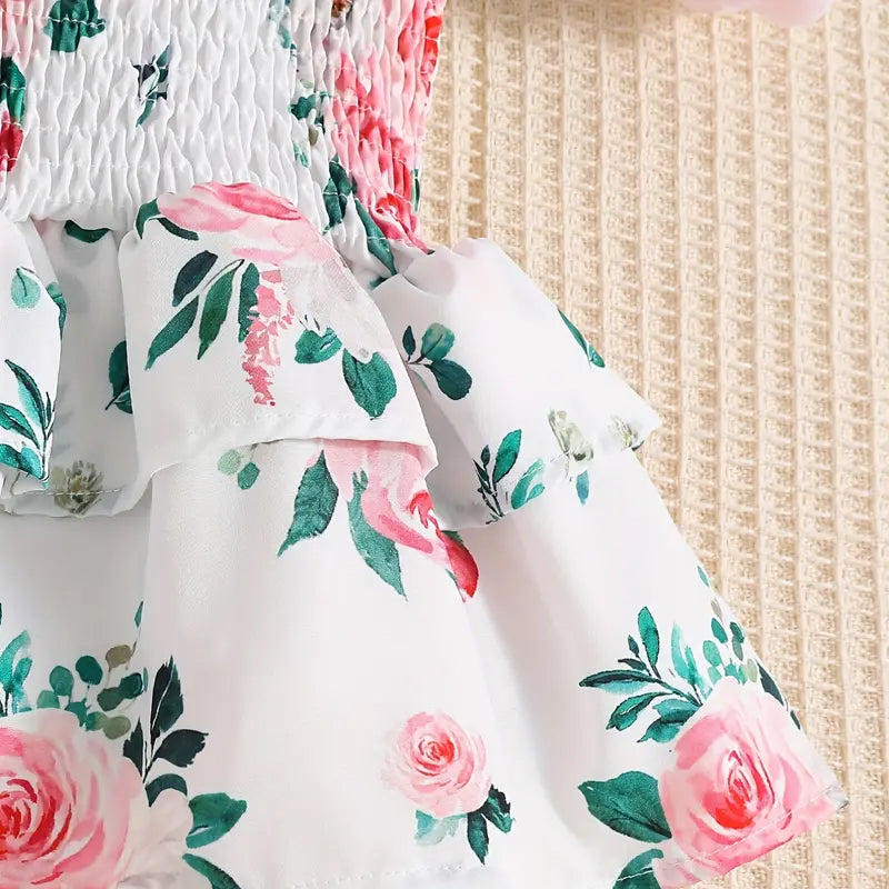 2PCS Lovely Floral Printed Sleeveless Baby Girl Romper