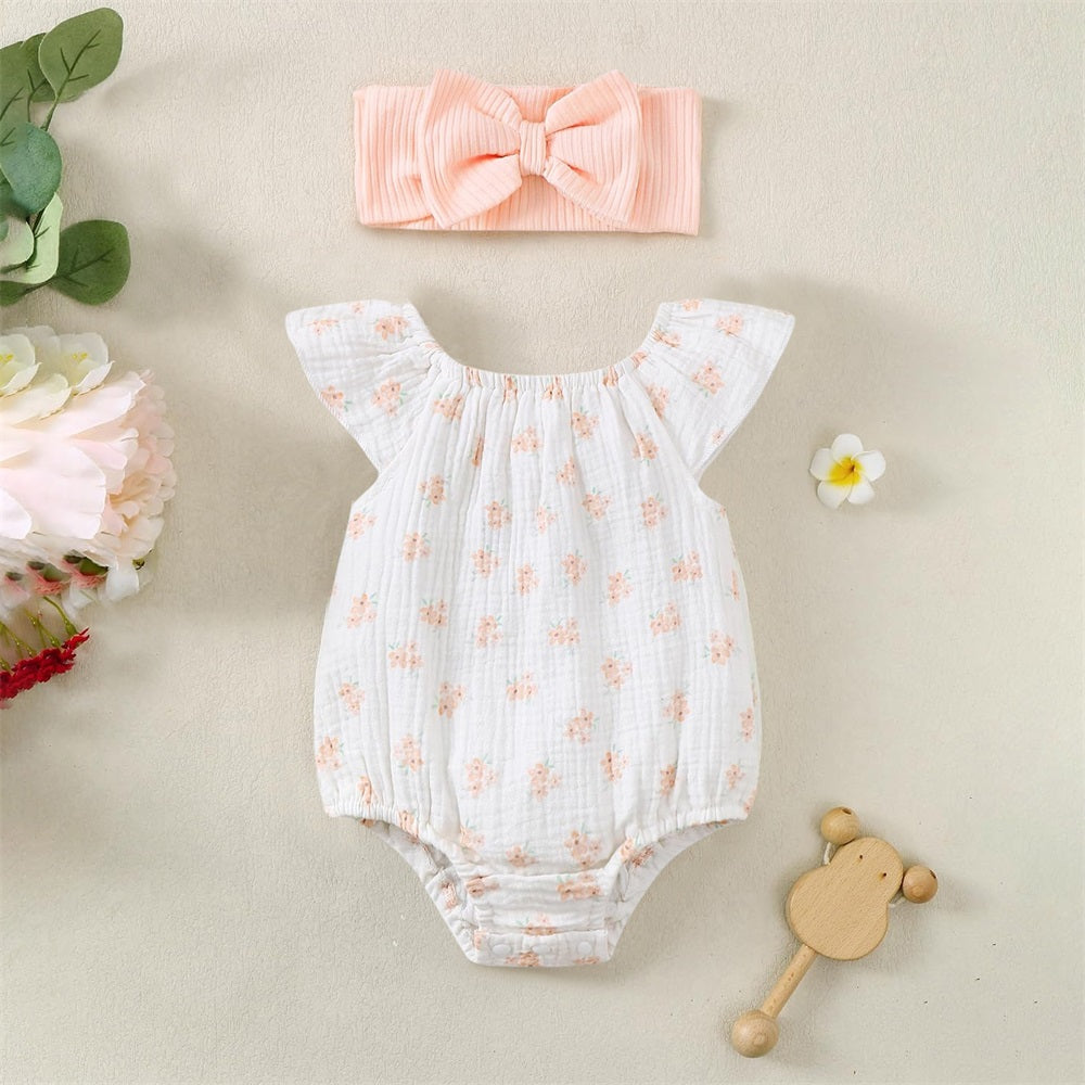 2PCS Comfy Floral Printed Fly Sleeve Baby Romper
