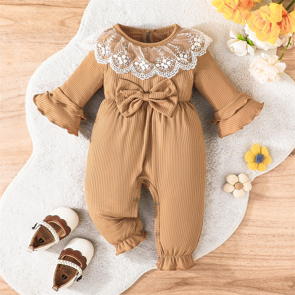 Solid Color Rib Bell Sleeve Lace Trim Baby Jumpsuit
