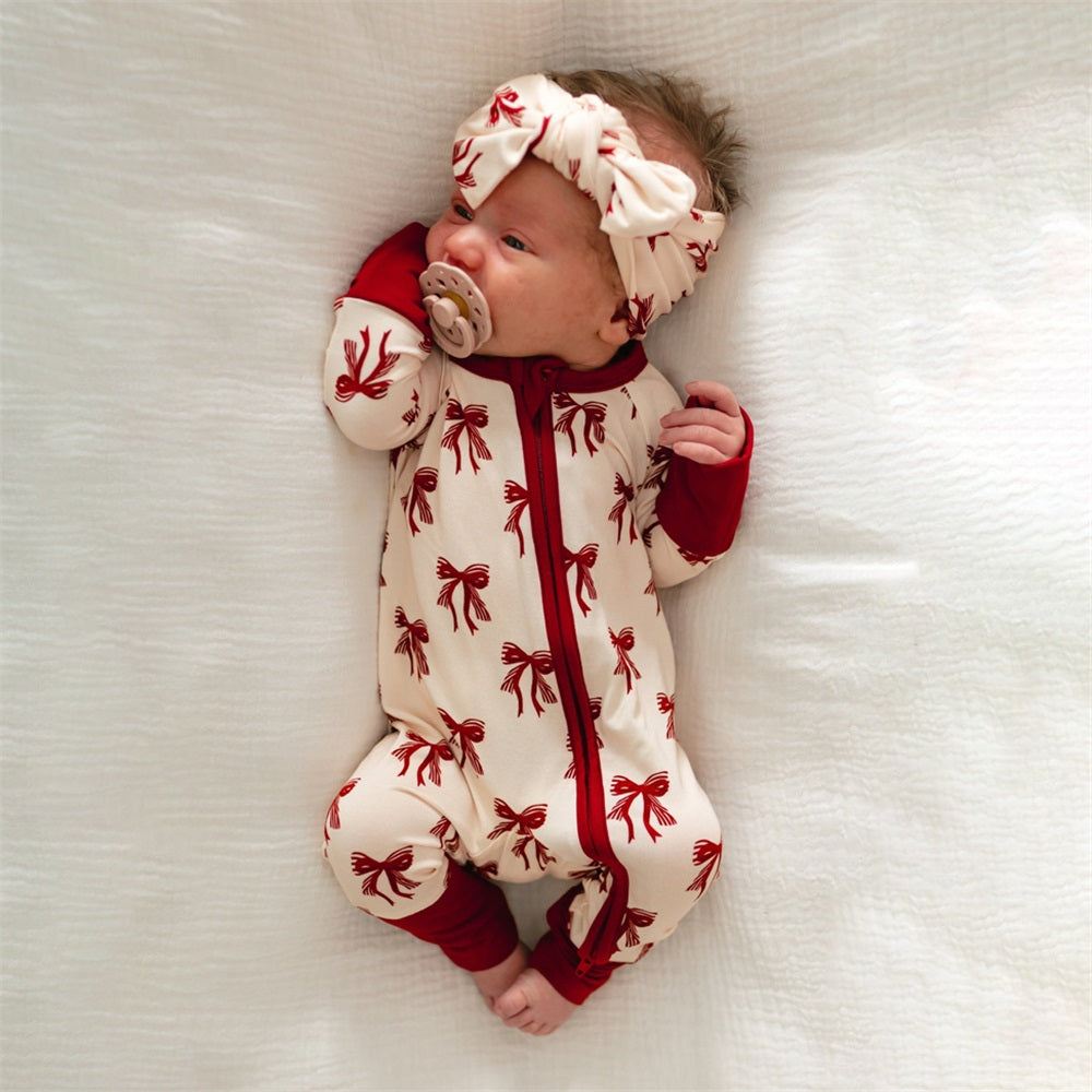 2PCS Fashionable Bow Printed Long Sleeve Zipper Baby Jumpsuit