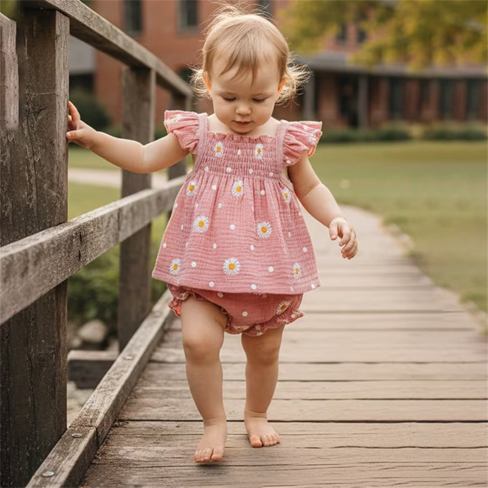 2PCS Summer Cute Daisy Printed Fly Sleeve Baby Set