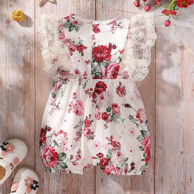 Gorgeous Floral Print Flutter Sleeve Baby Jumpsuit