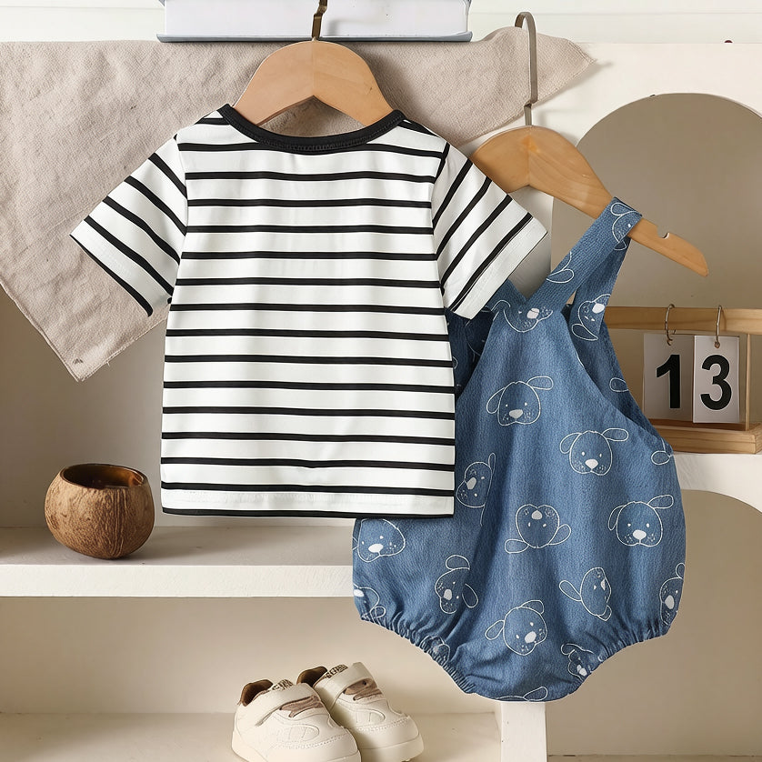 2PCS Casual Sketch Puppy Stripe Printed Short Sleeve Baby Set