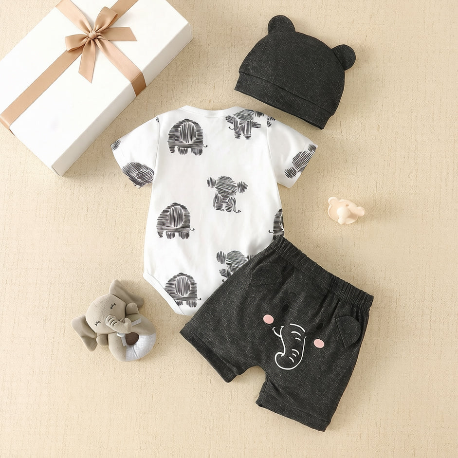 3PCS Casual Elephant Print Short Sleeve Baby Boy Set