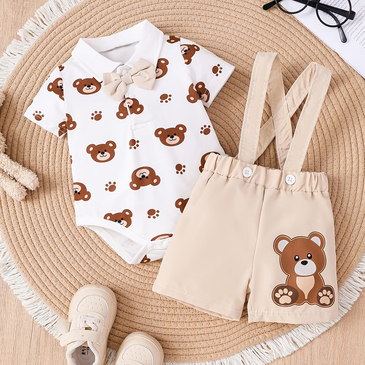 2PCS Lovely Bear Print Short Sleeve Baby Overalls Set