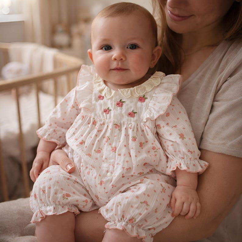 Sweet Floral Print Ruffled Trim Long Sleeve Baby Jumpsuit