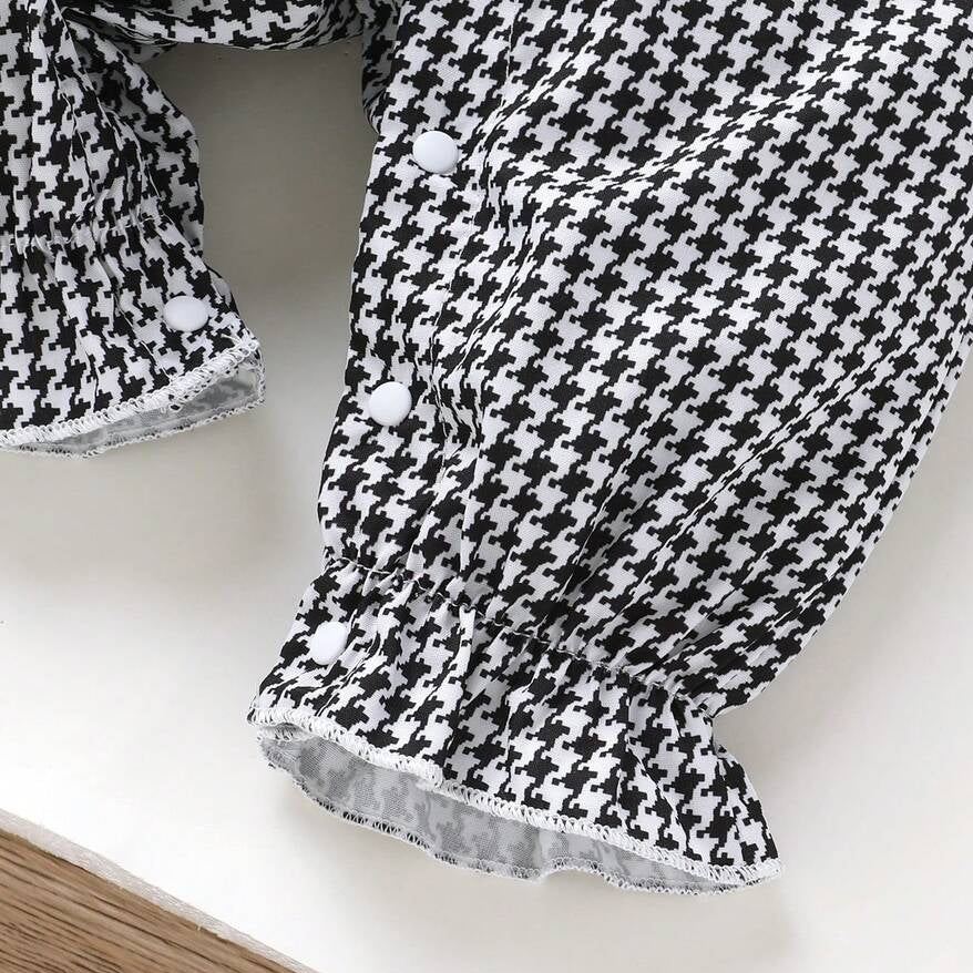 2PCS Chic Houndstooth Print Bow Long Sleeve Baby Girl Jumpsuit
